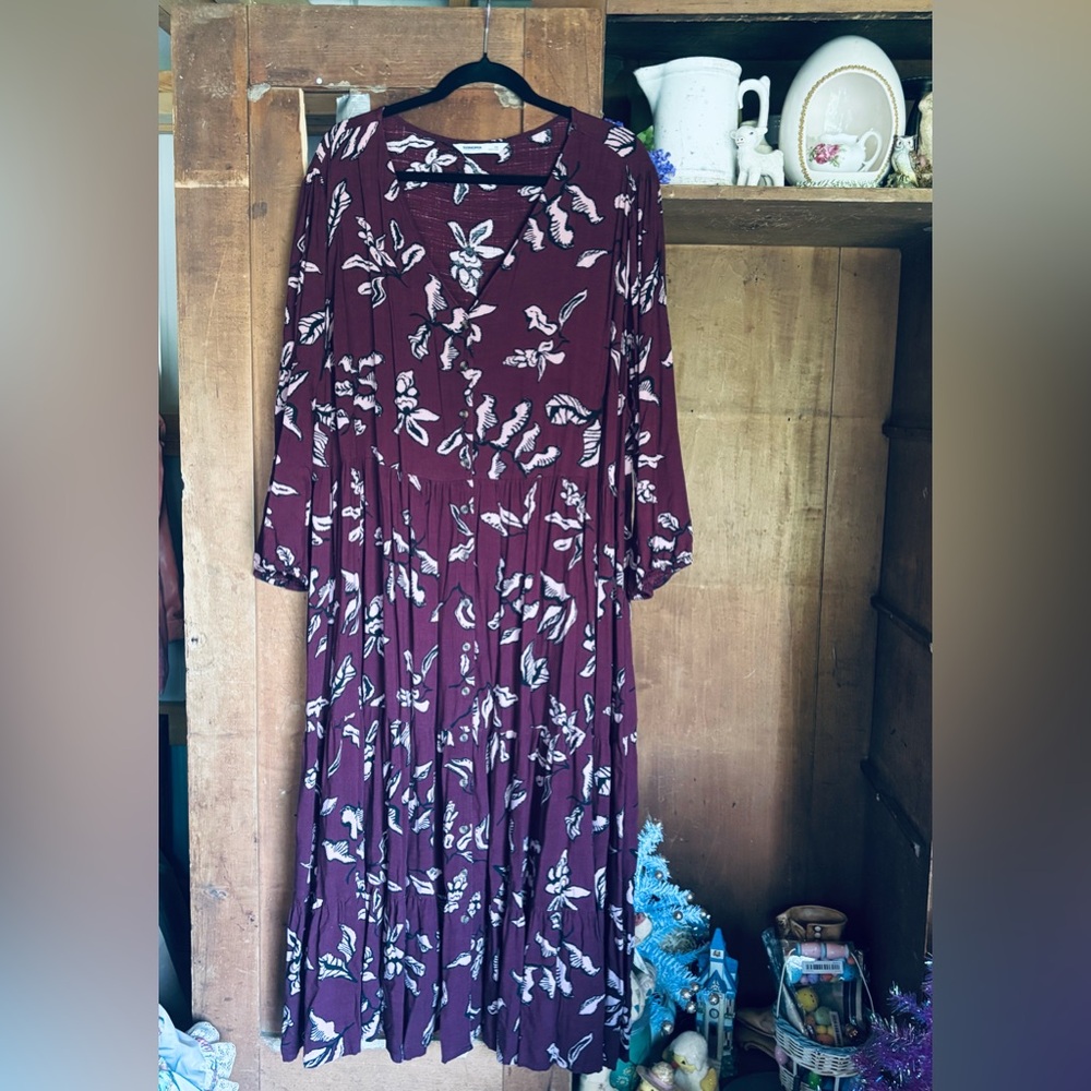 Sonoma Burgundy Maroon Floral Long Sleeve Dress Beautiful Soft Rayon 3XL